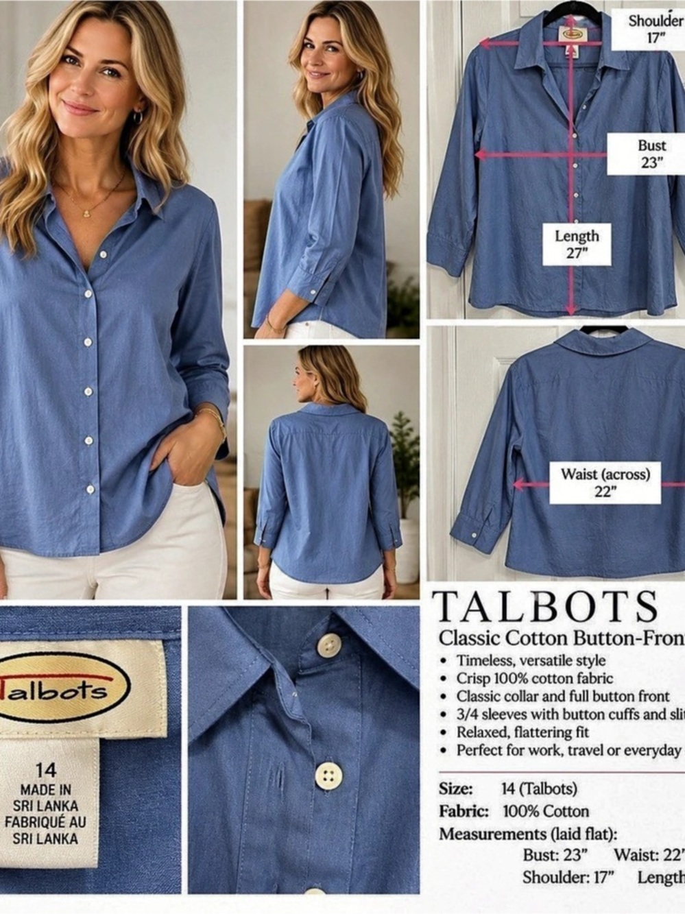 Talbots Classic Cotton Button-Front Blouse Blue Cotton size14 #163
